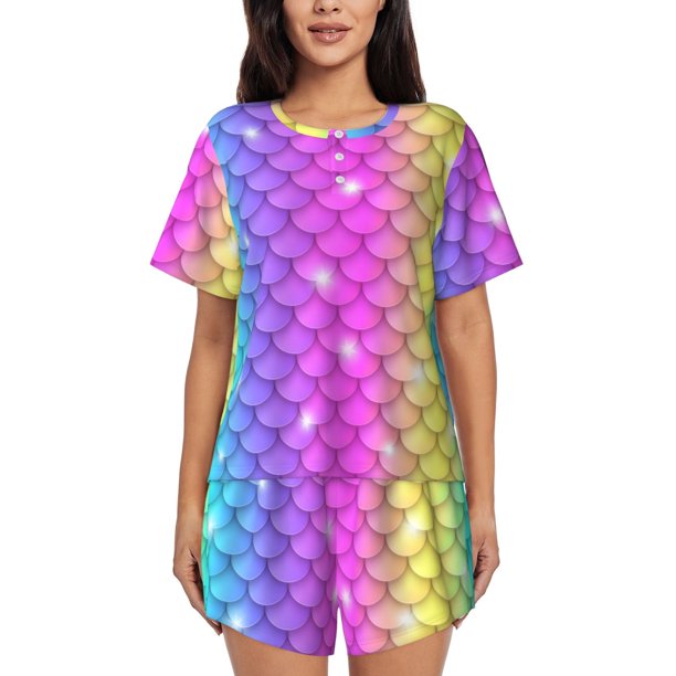 Balery Rainbow Scales2 Conjunto de Pijama para Mujer con Estampado, Dos Piezas de Manga Corta y Shorts, Ropa de Dormir Suave con Cuello Redondo y Bolsillos-Small
