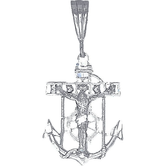 Sterling Silver Anchor Cross with Jesus and Hearts Diamond Cut Finish with Figaro Chain