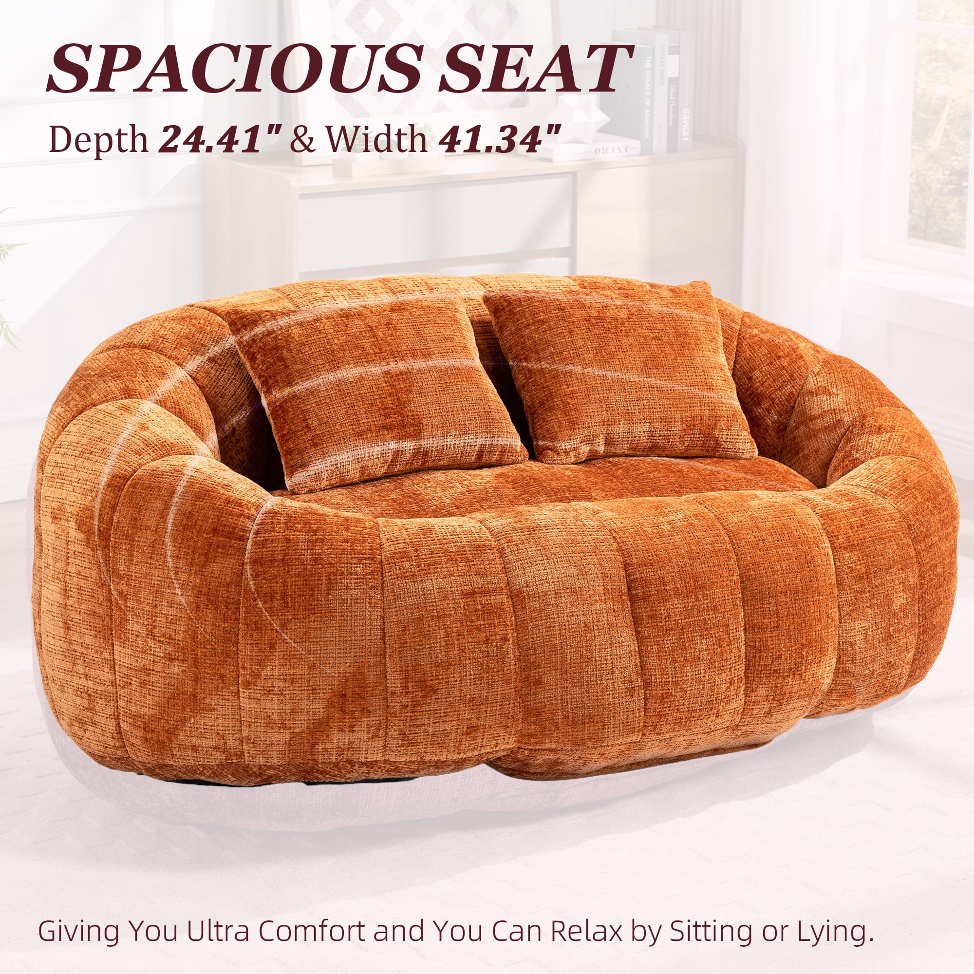 MOONMISS Large 59'' Bean Bag Chair for Adults,Chenille Shell-Shaped Couch with Two Pillows,Oversized Single Sofa,Orange