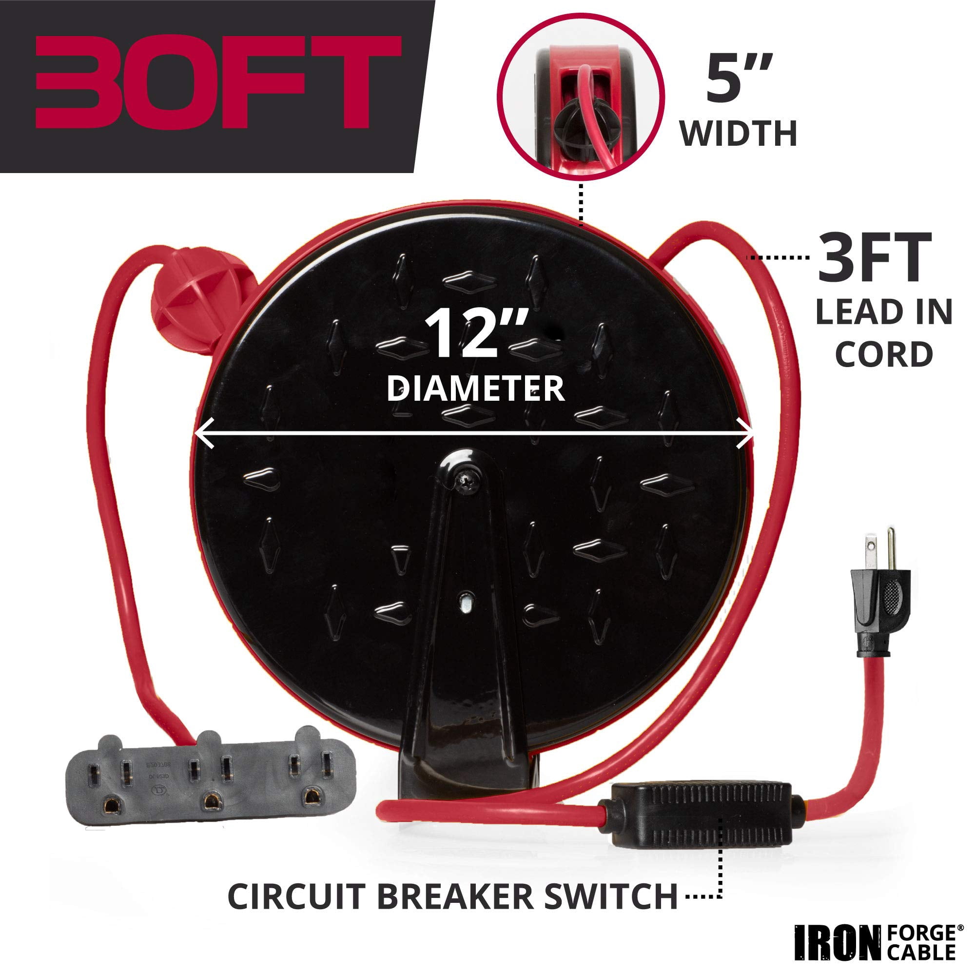IRON FORGE CABLE 30Ft Retractable Extension Cord Reel with Breaker Switch & 3 Electrical Power Outlets - 16/3 SJTW Durable Red Cable - Perfect for Hanging from Your Garage Ceiling
