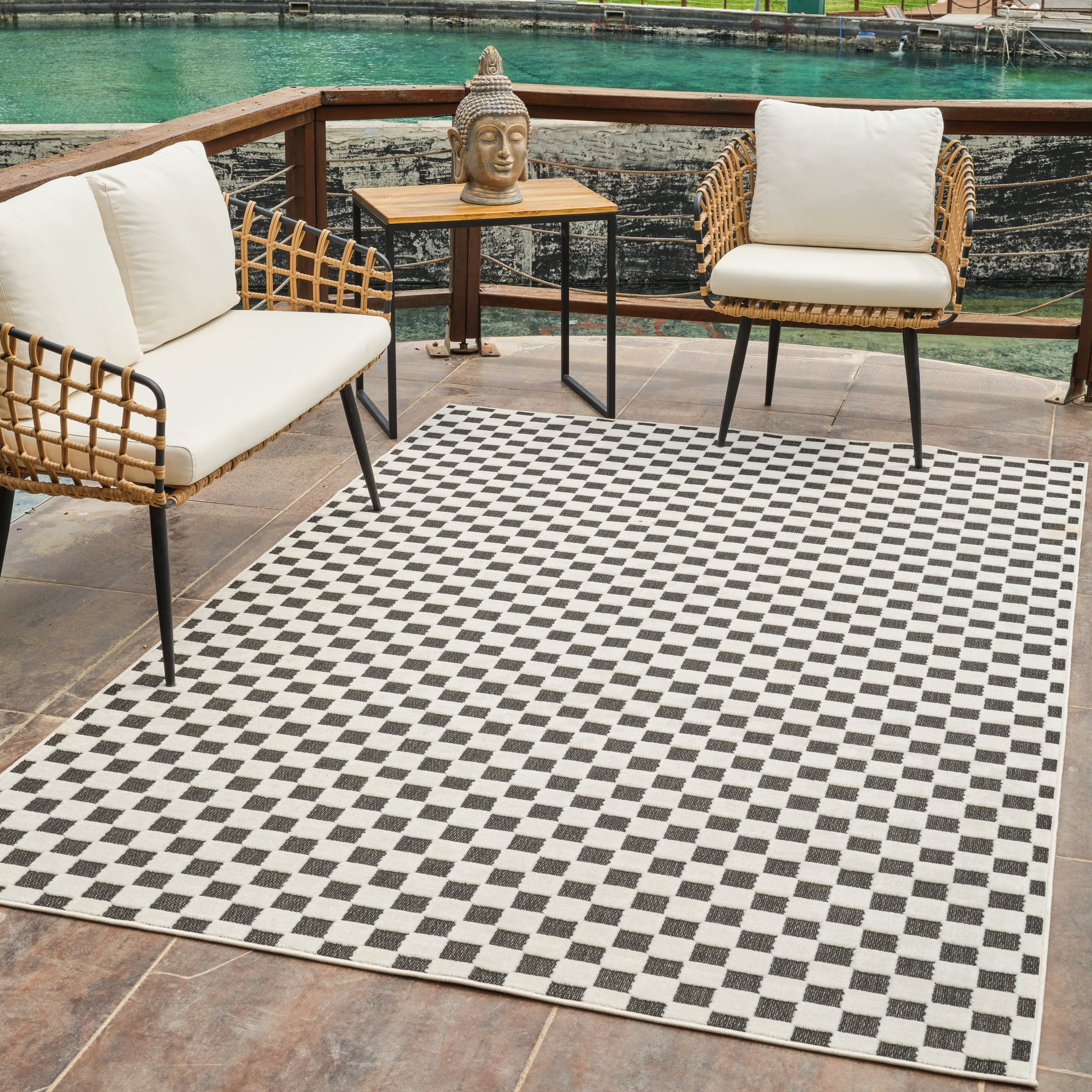 Rug Branch Maise Checkered Indoor Outdoor Area Rug, Black White, Modern - Entryway, Hallway, Bathroom, and Kitchen