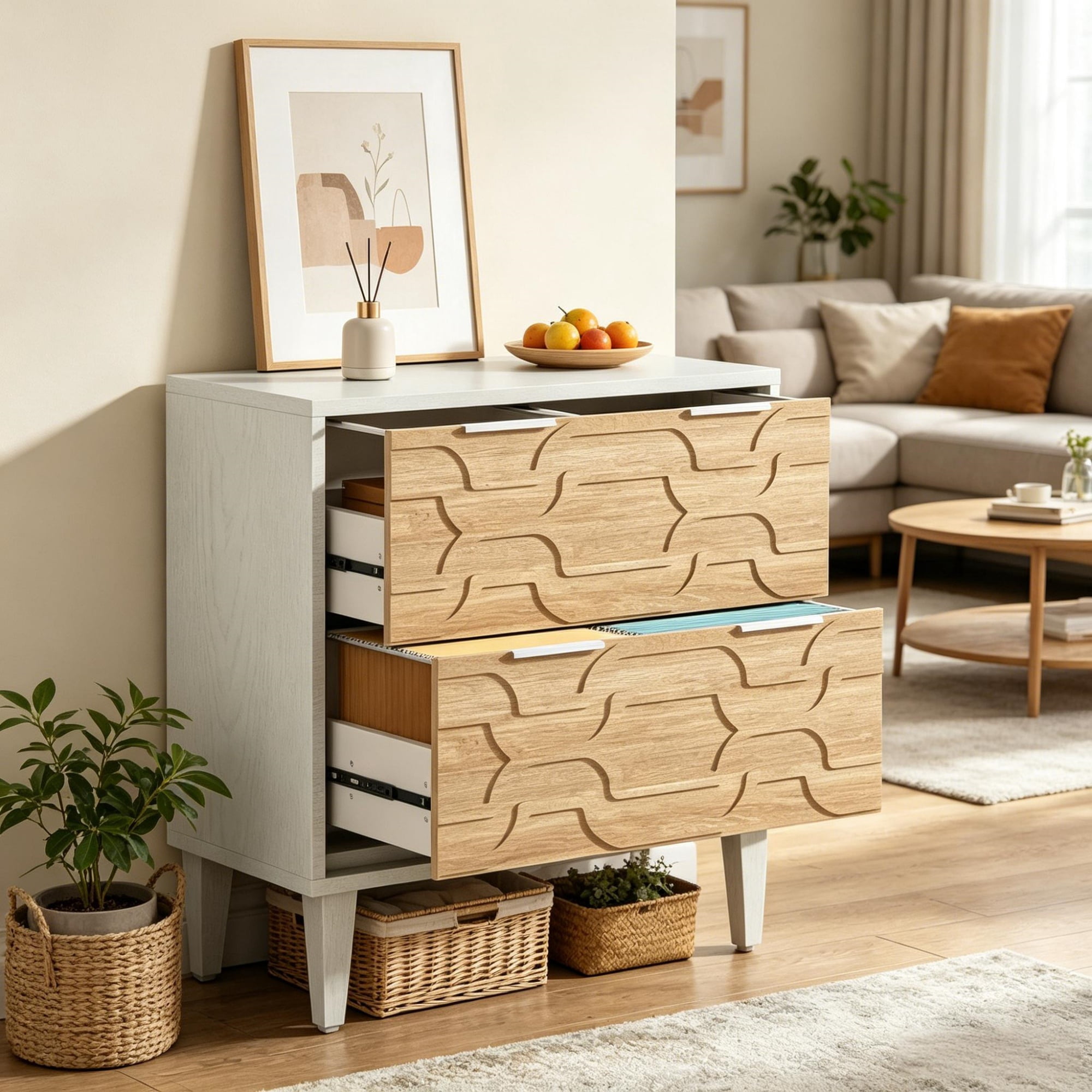 2-Drawer Filing Cabinet with Adjustable Rods and Solid Wood Legs
