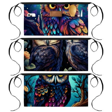 

Owl Cleaning Apron with 3 Pockets Printed Design - Waist Apron Server Aprons