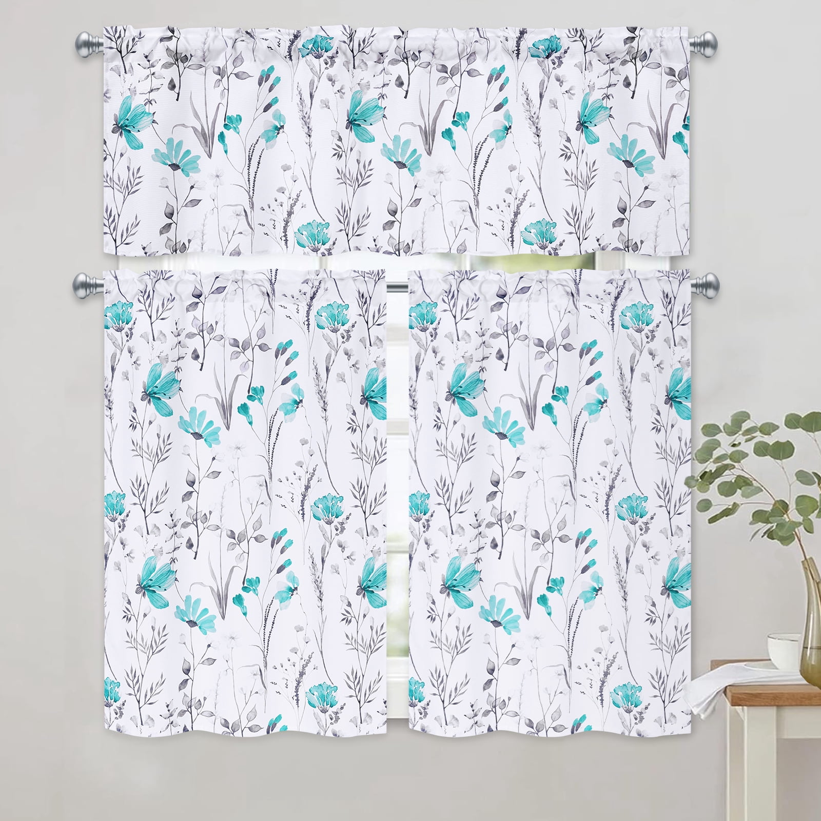 Alishomtll Valance Curtains Teal Flower Floral Print Valances for Windows Rod Pocket,52W" x 18L"