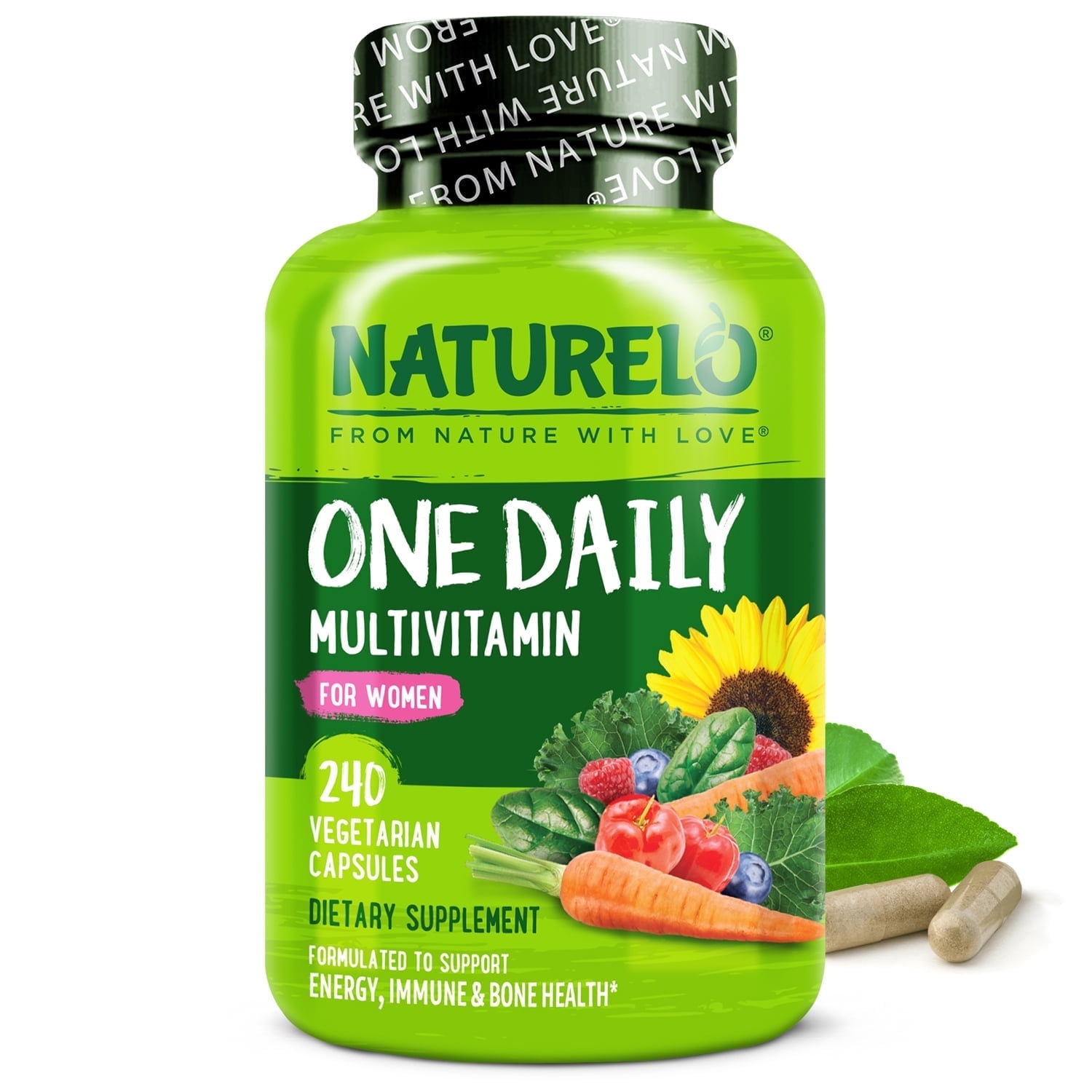 NATURELO One Daily Multivitamin for Women - Energy Support - Whole Food Supplement to Nourish Hair, Skin, Nails - Non-GMO - No Soy - Gluten Free - 240 Capsules | 8 Month Supply
