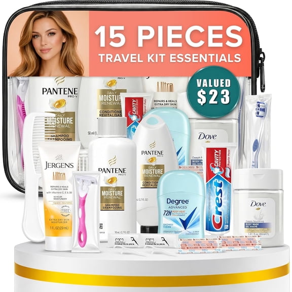 TrekTote 15 Piece Set Women’s Travel & Hygiene with Clear Toiletry, Personal Care Essentials, Single or Bulk Case Packs