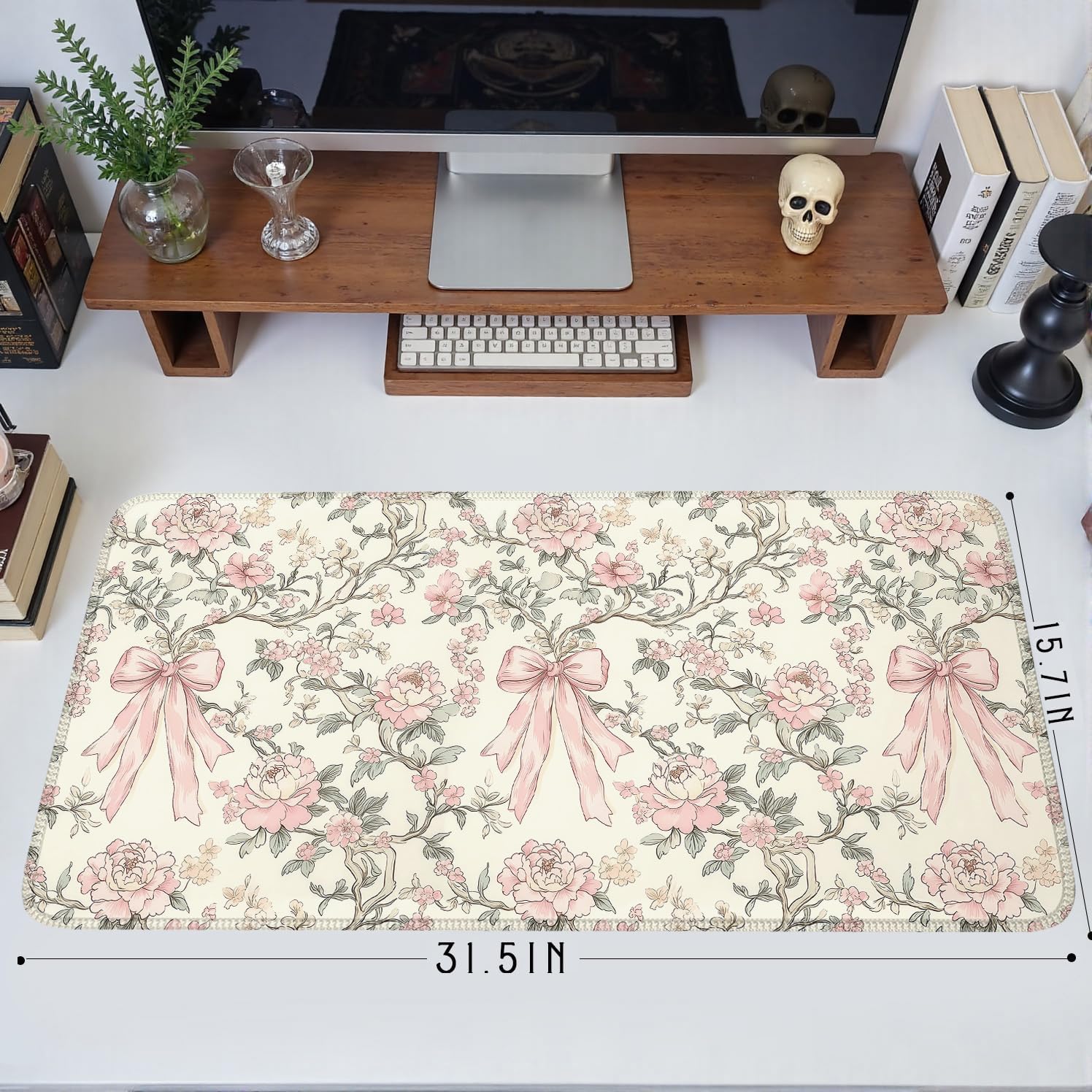Floral Desk Mat Vintage Chinoiserie Large Mouse Pad Coquette Aesthetic Office Decor Flower Pink Bow Gaming Pad Cottagecore Desk Decor 31.5x15.7 in