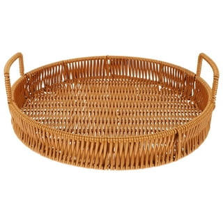 Rattan Tray with Mother of Pearl Inlay Wooden Base, Serving Basket for Breakfast Food, Round Tray As Coffee Table Decor, Mother of Pearl Decoration