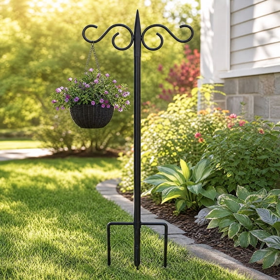 Double Shepherds Hooks for Outdoor, 5 FT Heavy Duty Bird Feeder Pole with 5 Prongs Base, Adjustable Shepherds Hook for Bird Feeder, Garden, Weddings, Hanging Plant Decor, 1 Pack (Not Basket)