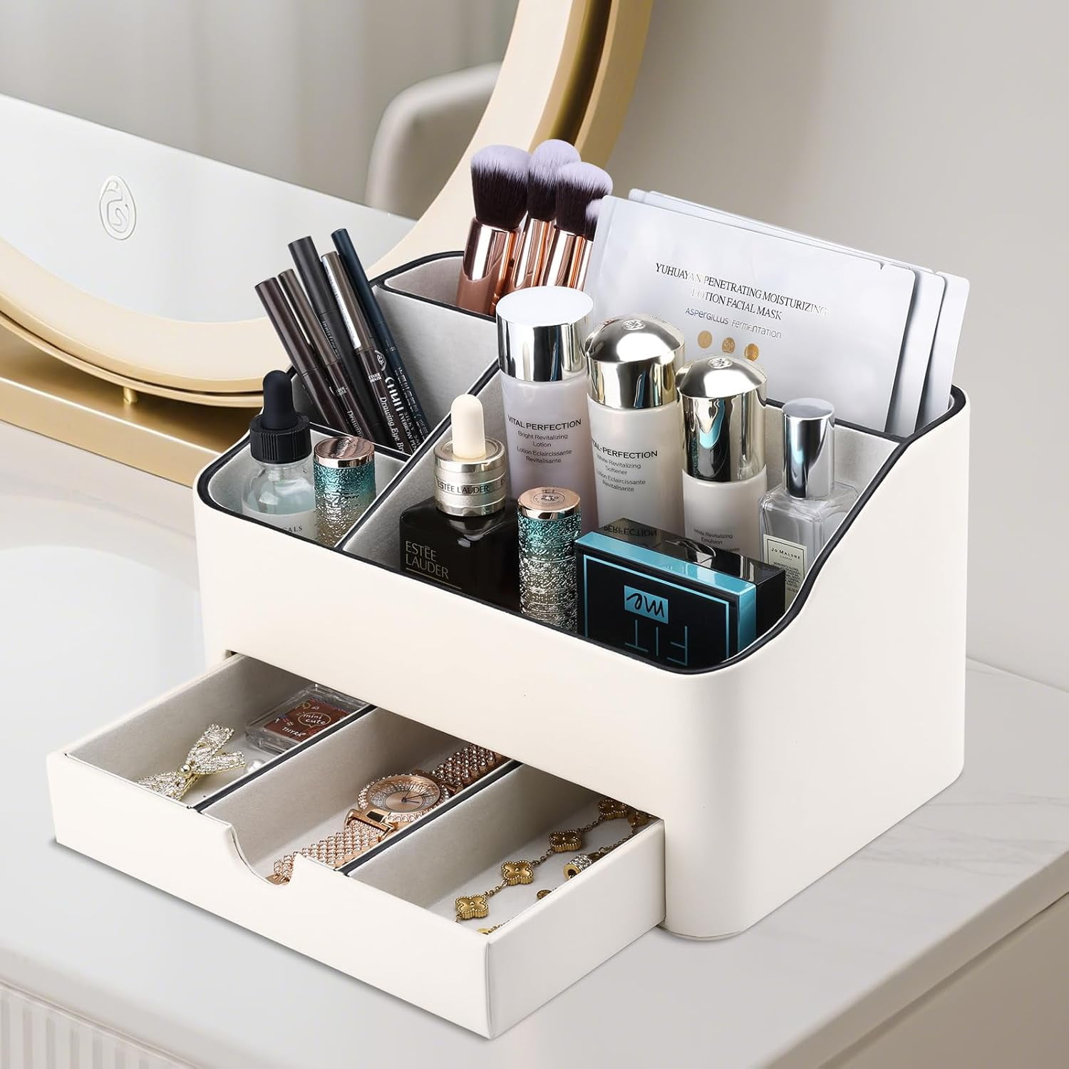 PU Leather Desk Organizer with Drawer, 5 Compartments Desktop Storage Caddy for Office Home Supplies, Pen Holder for Remote Control, Phone & Accessories, Mail Organizer Countertop Ivory White