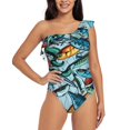 thumbnail image 2 of Picia Colorful Fishing Baits Pattern Women's One Piece Swimsuits,One Shoulder Swimwear Asymmetric ,Ruffle Monokinis Bathing Suits,High Waisted Flattering Bathing Suits-Small, 2 of 8