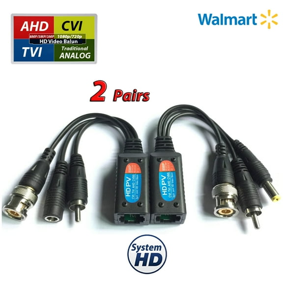 Evertech 2 pairs of  8mp HD-CVI/TVI/AHD Passive Video Balun with Power Connector and RJ45 CAT5 Data Transmitter BNC Twisted Pair