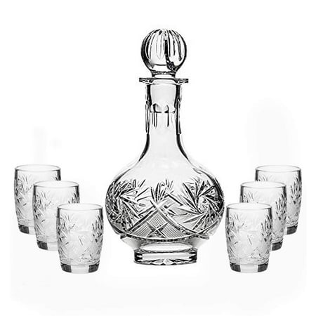 

7-Piece Russian Crystal Vintage Vodka Set 16-Oz Decanter Carafe w/ 6 Shot Sherry Liquor Shooter Glasses Old-fashioned Glassware (4319)