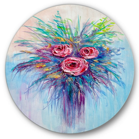 Designart 'Bouquet Of Red Roses In A Vase On Blue' Traditional Circle Metal Wall Art 36x36 - Disc of 36