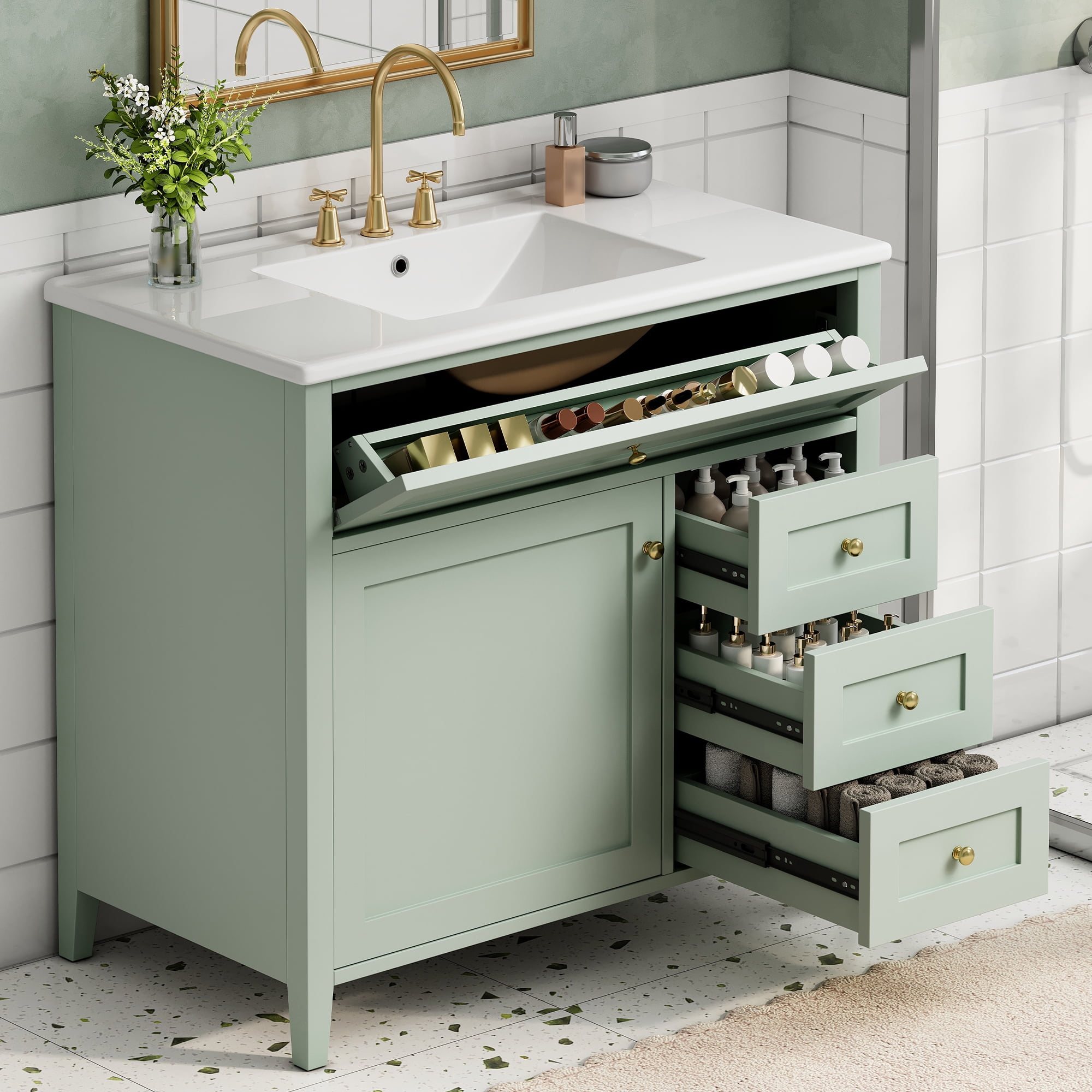 Anpport 36" Freestanding Bathroom Vanity with Sink, Modern MDF & Rubberwood Cabinet, 3 Drawers, Adjustable Shelf & Left‑Side Door, Light Green