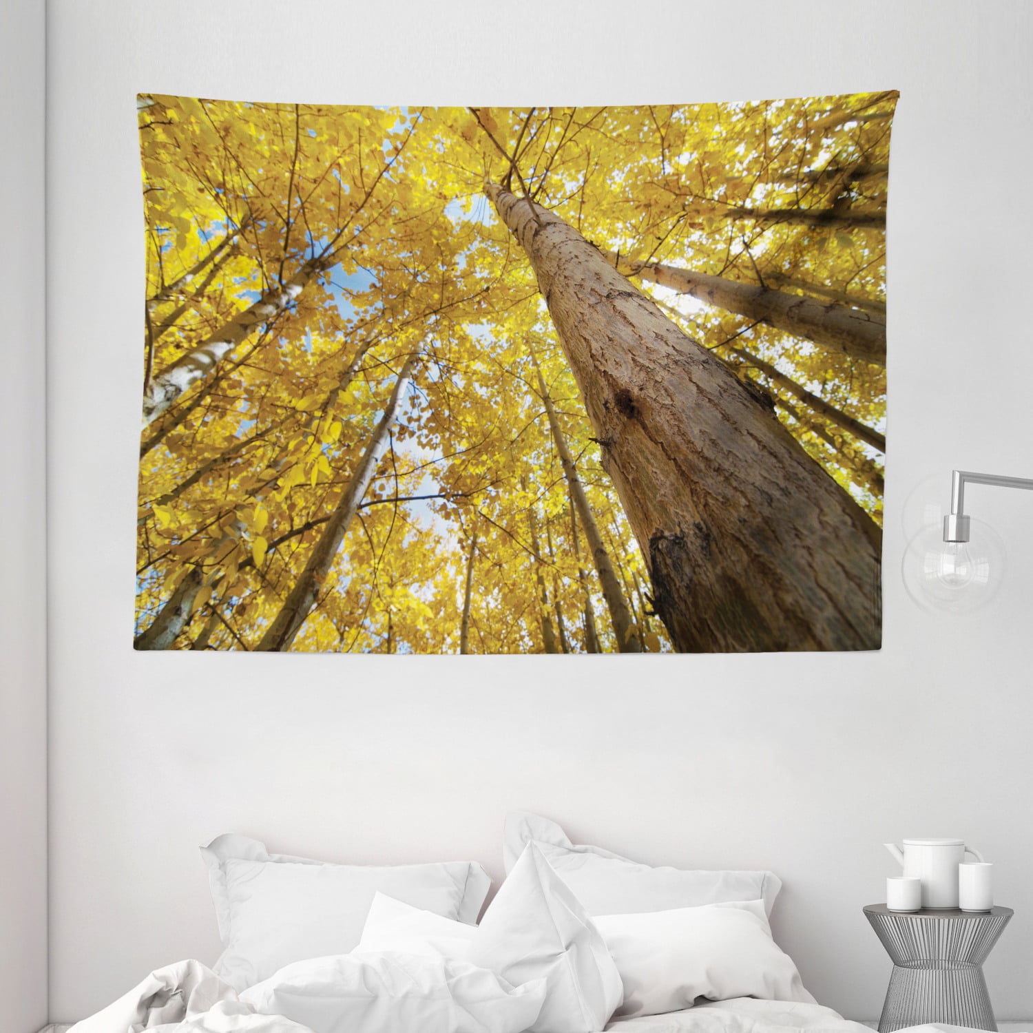 Forest Home Decor Tapestry, Up View of Fall Aspen Tree Leaves in Fade