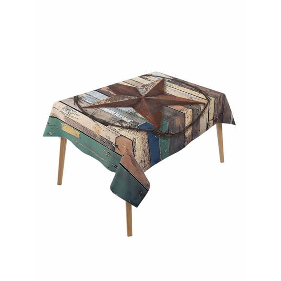 Western Texas Stars Table Cloth, Teal Brwon Vintage Wooden Plank Waterproof Tablecloth for Rectangle Tables, Reusable Washable Fabric Table Cover for Restaurant Kitchen Dining Tables 60"x102"