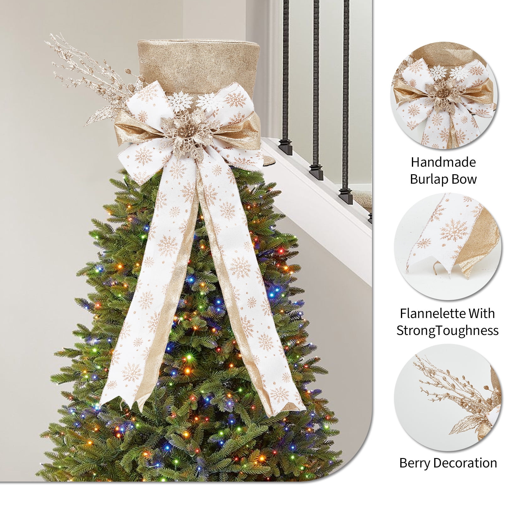 Towallmark Christmas Tree Topper, Ribbon Bow Topper for Tree,Xmas Ornaments for Holiday Decor, Great Gift Christmas Decoration,9.84 x 9.84 in
