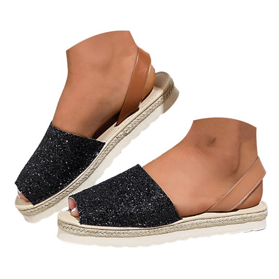 Rokment Bling Sequin Platform Sandals for Women with Back Strap Bridal Sparkly Leather Peep Toe Espadrilles Chunky Heels Slingback Dressy Summer Shoes Black Size 5.5