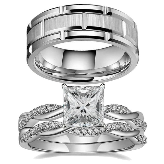 Couple Rings White Gold Plated 925 Sterling Silver Ring Square 1CT AAAAA CZ Women Wedding Ring Sets Men Titanium Steel Ring