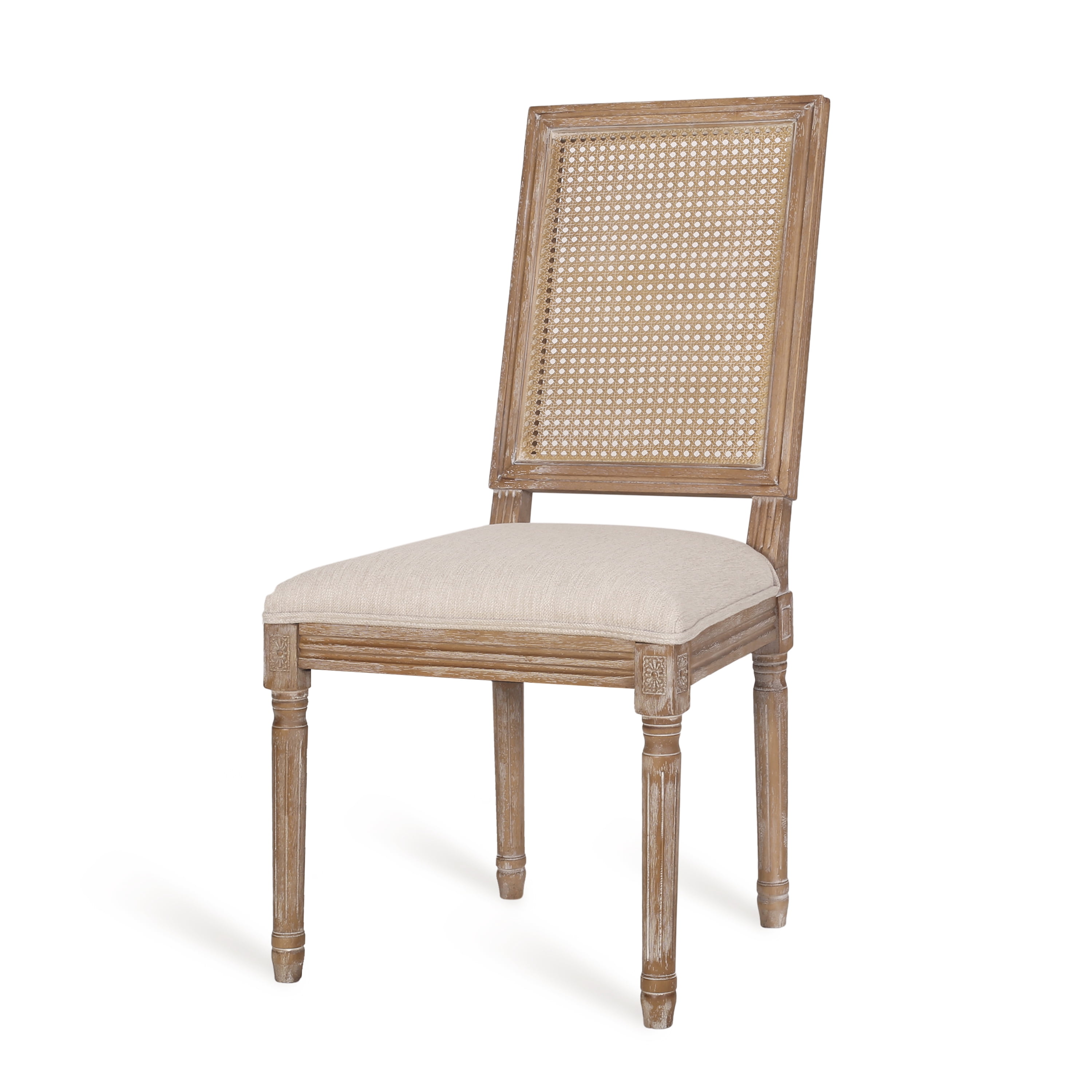 Euroco Set of 2 French Country Dining Chairs with Cane Backrest, Upholstered Seat, and Weathered Rubberwood Frame, Vintage Farmhouse Side Chairs