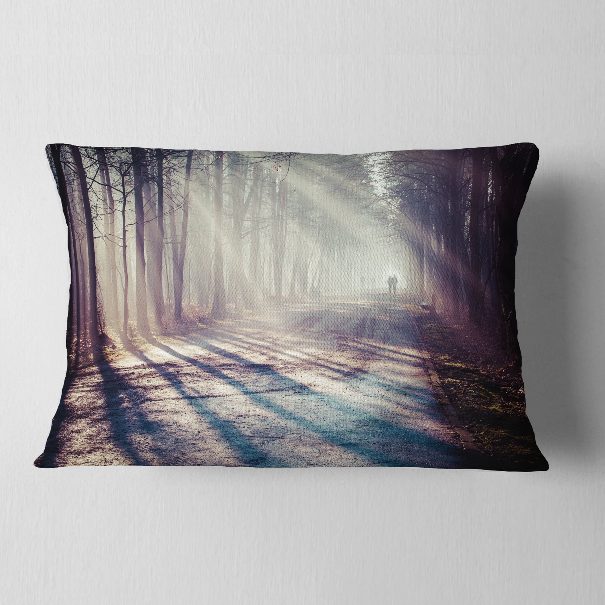 Designart Strong Sunbeams in Thick Forest - Landscape Photography Throw Pillow - 12x20