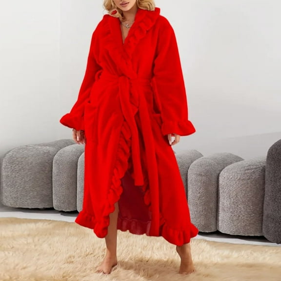 ylioge Fleece Bath Robes for Women with Pockets and Belt Sherpa Bathrobes Ladies Trendy Solid Color Ruffle Open Front Long Length Warm Homewear Robe