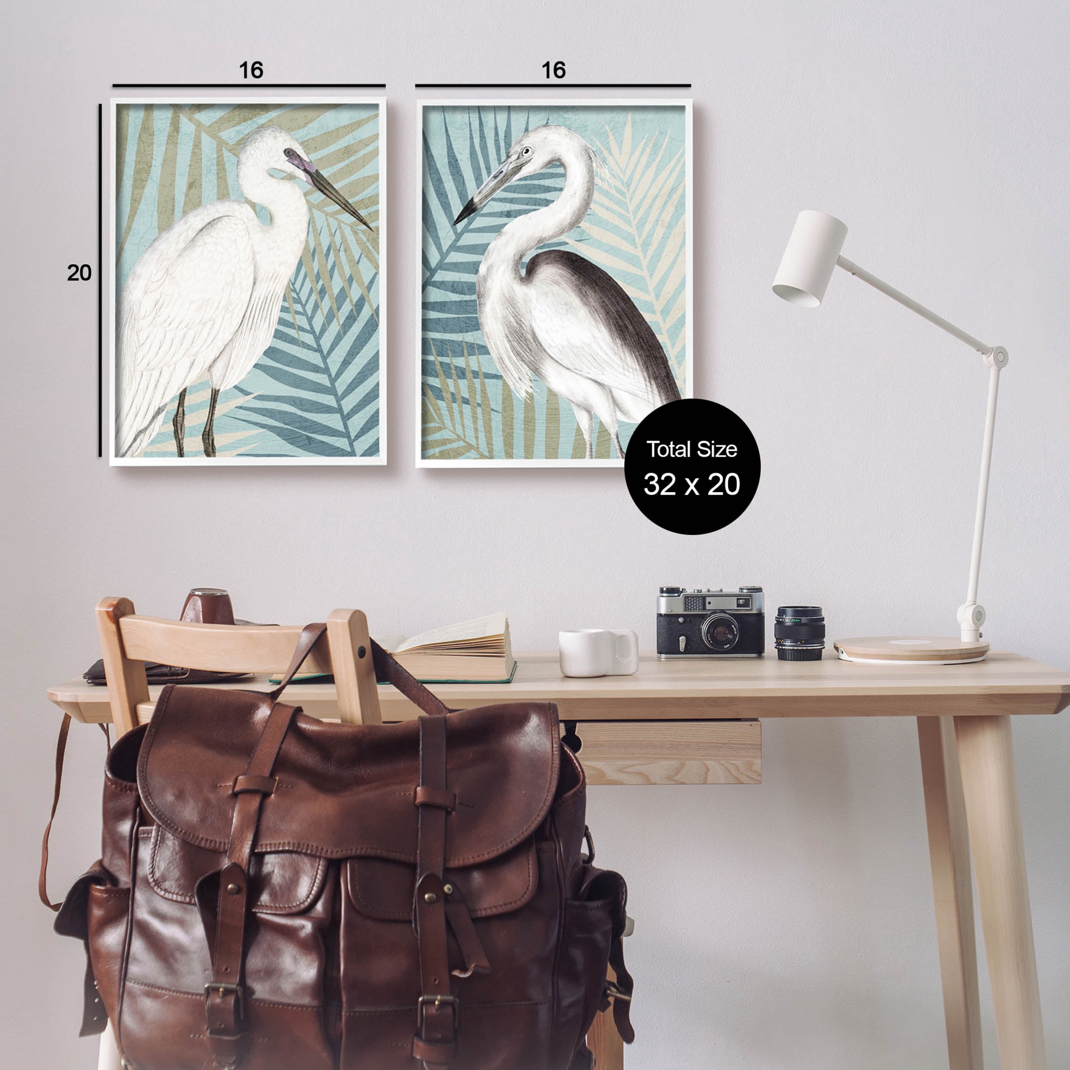 Heron Birds Layered Plant Leaves Animals & Insects Graphic Art White Framed Art Print Wall Art, Set of 2