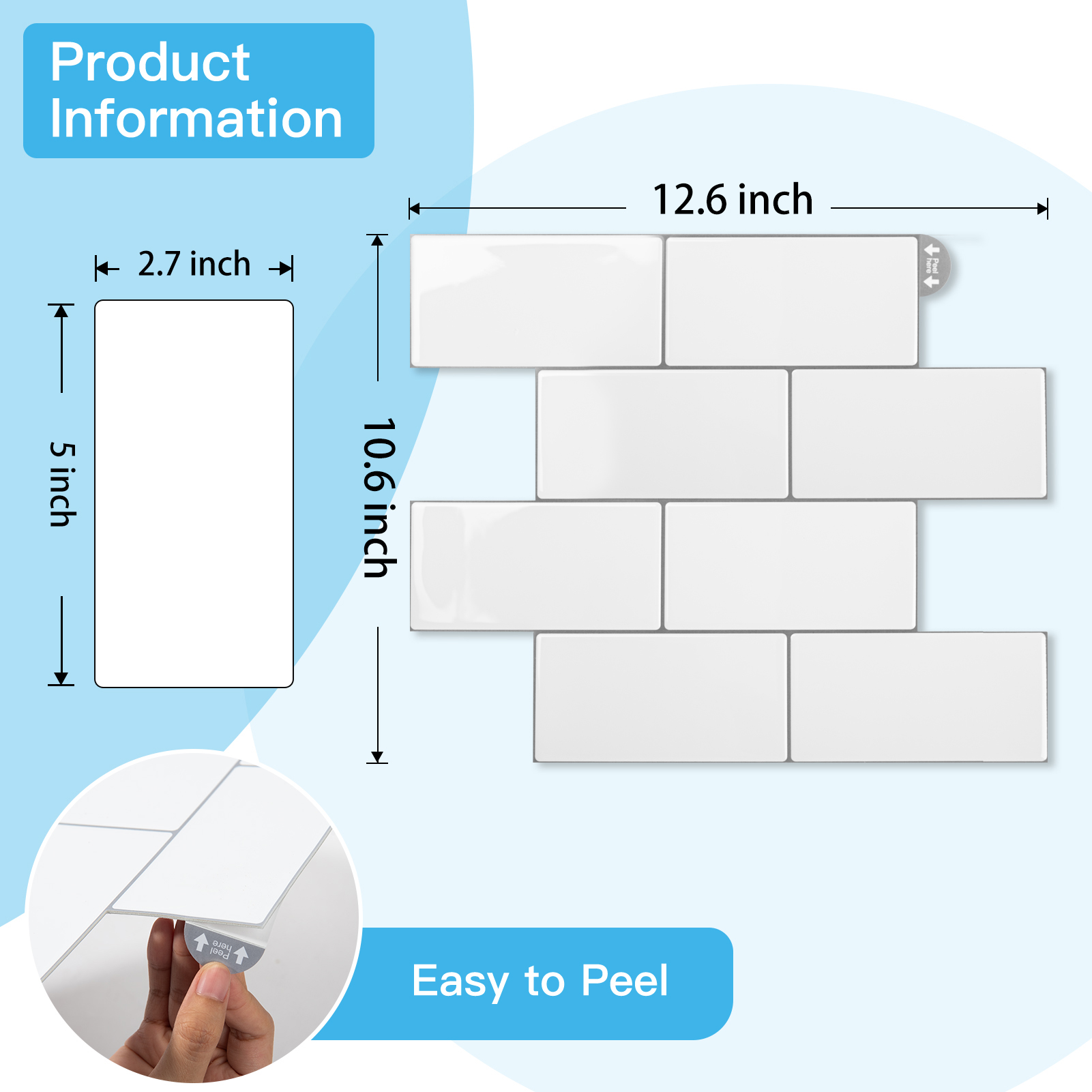 10PCS 10.6''x12.6'' Peel and Stick Backsplash in White,Heavy-Duty Self-adhesive Subway Tile for Kitchen Bathroom