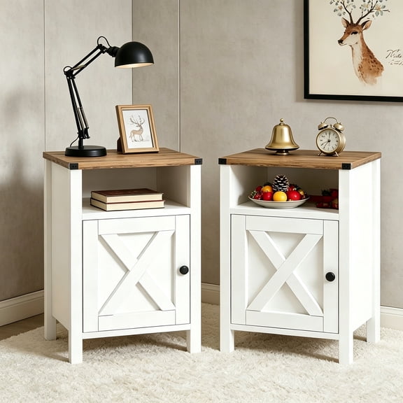 EVOKEDEN Farmhouse Nightstands Set of 2, Rustic Vintage Side End Table w/ Storage & Barn Door for Bedroom Living Room, White