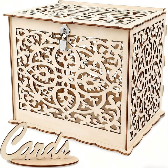 LAMIRO DIY Wedding Card Box with Lock Rustic Wood Card Box Gift Card Holder Card Box Perfect for Weddings, Baby Showers, Birthdays, Graduations Hold up 225 Cards