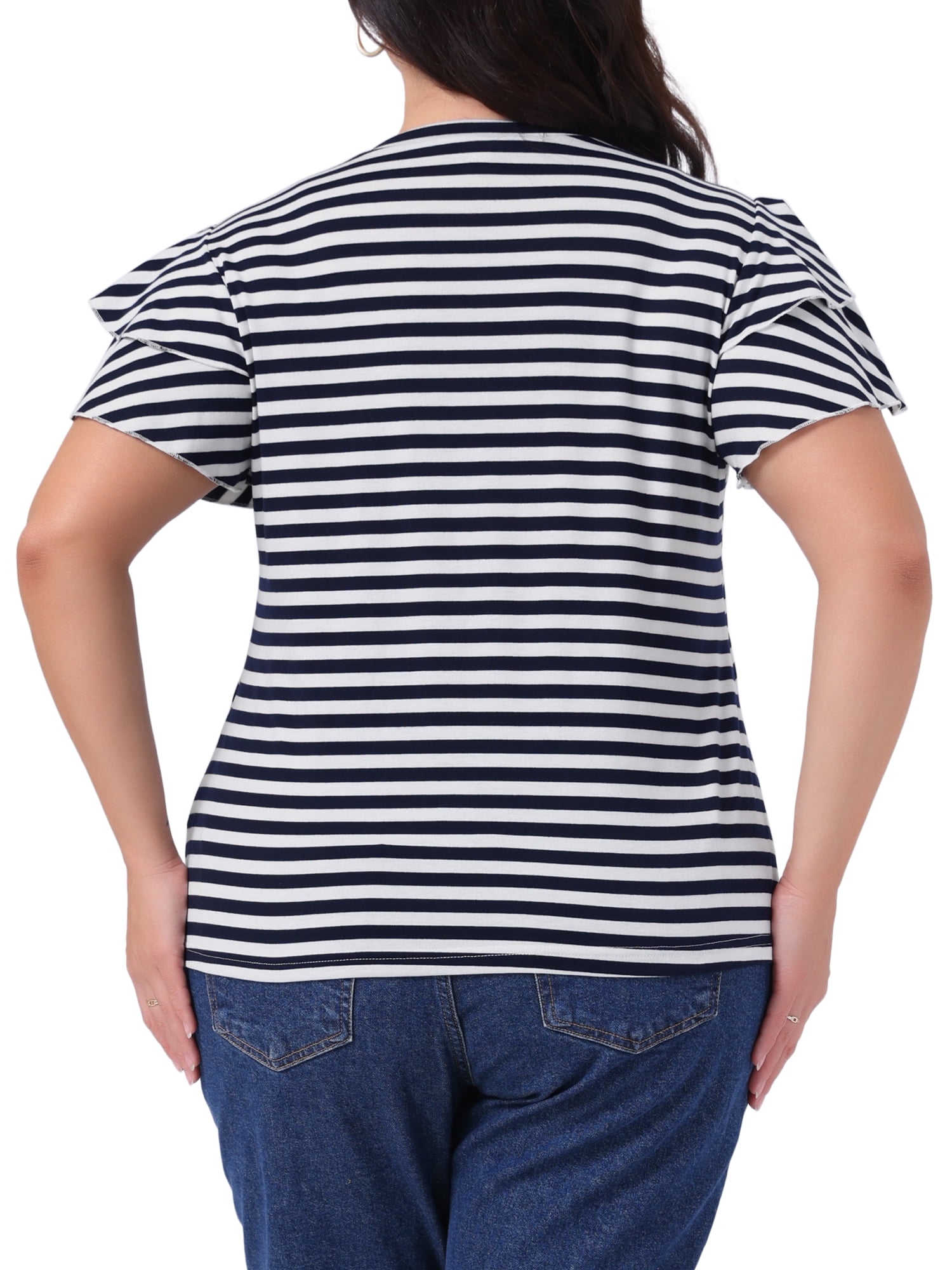 DARING DIVA Women's Plus Round Neck Striped Ruffle Blouse 2X Navy Blue