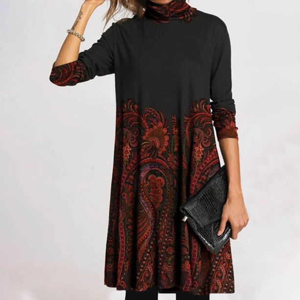 ICHUANYI Clearance Fashion Casual Print Women Half High Neck Long Sleeve Loose Pullover Dress(Red, L) ICHUANYI WER2023081501252