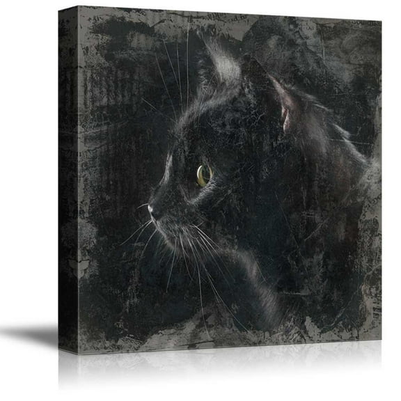 wall26 Square Cat Series Canvas Wall Art - Black Cat on Grunge Background - Giclee Print Gallery Wrap Modern Home Art Ready to Hang - 16x16 inches