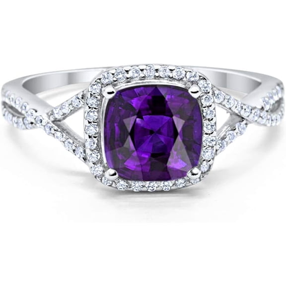 Divine Creation 925 Sterling Silver 2.00 Ct Cushion Cut Purple Amethyst Wedding Engagement Halo Ring 14K White Gold Plated For Women's -7.5