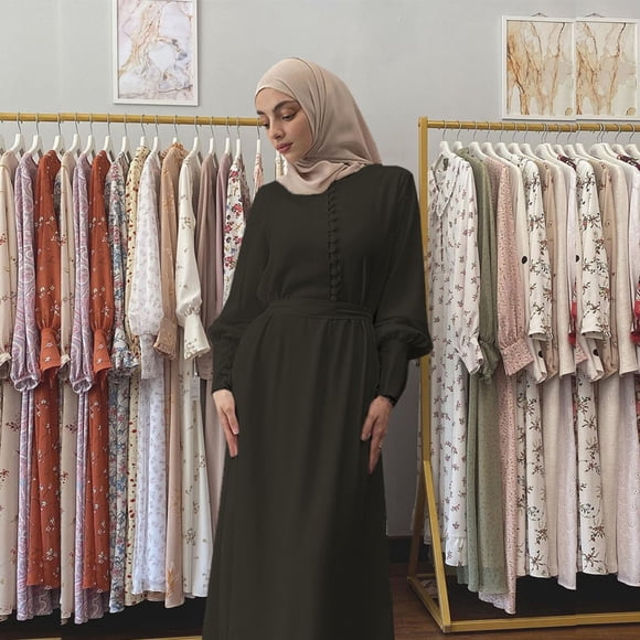 GZWYHT Dresses for Women 2025,Maxi Dresses Women's Casual Solid Muslim Dress Sleeve Abaya Islamic Arab Kaftan Dress Long Sleeve Dress,Modest Dresses,Black Dress,Clearance Dressers XL