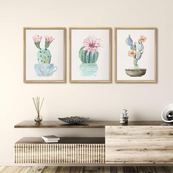 PixonSign Framed Wall Art Watercolor Cactus and Succulents Modern Posters, Set of 3 Tropital Floral Botanical Illustrations Wall Decor, Adhesive Canvas Prints for Home Decor - 8"x10" Natural