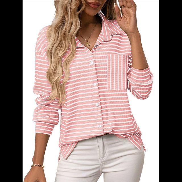 Camisas de Mujer con Botones, Blusas Clásicas A Rayas de Larga con Cuello y Bolsillo para Oficina. Rosa XL