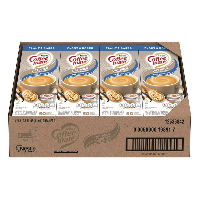 Plant-Based Oat Milk Liquid Creamers, Natural Vanilla, 0.38 oz Mini Cups, 50/Box Plant-Based Oat Milk Liquid Creamers, Natural Vanilla, 0.38 oz Mini Cups, 50/Box