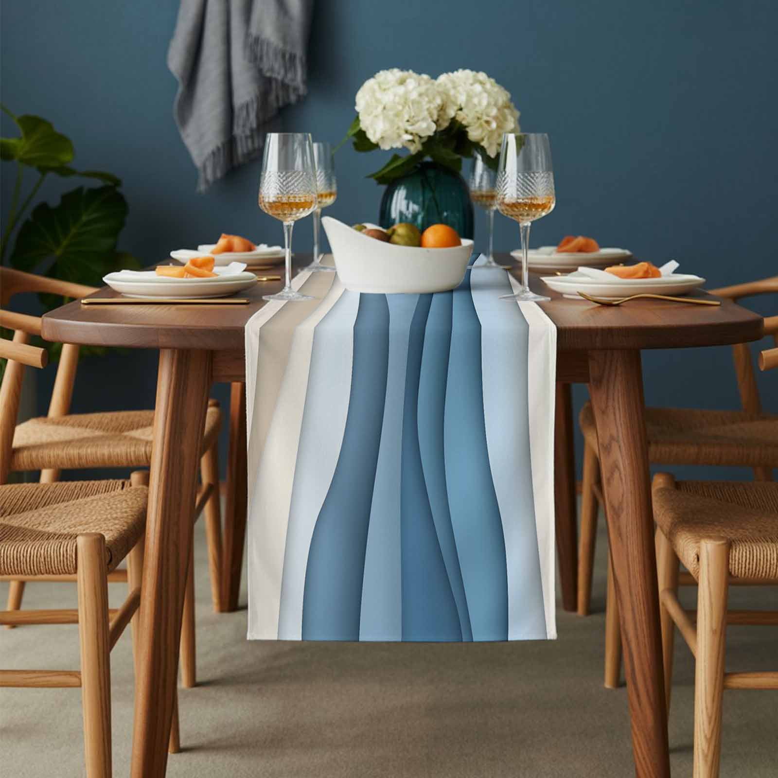 Blue Ombre Table Runner 13x108 inch Abstract Stripe Ocean Wave Geometric Modern Art Cotton Linen Dining Table Runner Ideal for Dresser Kitchen Coffee Tables - Machine Washable