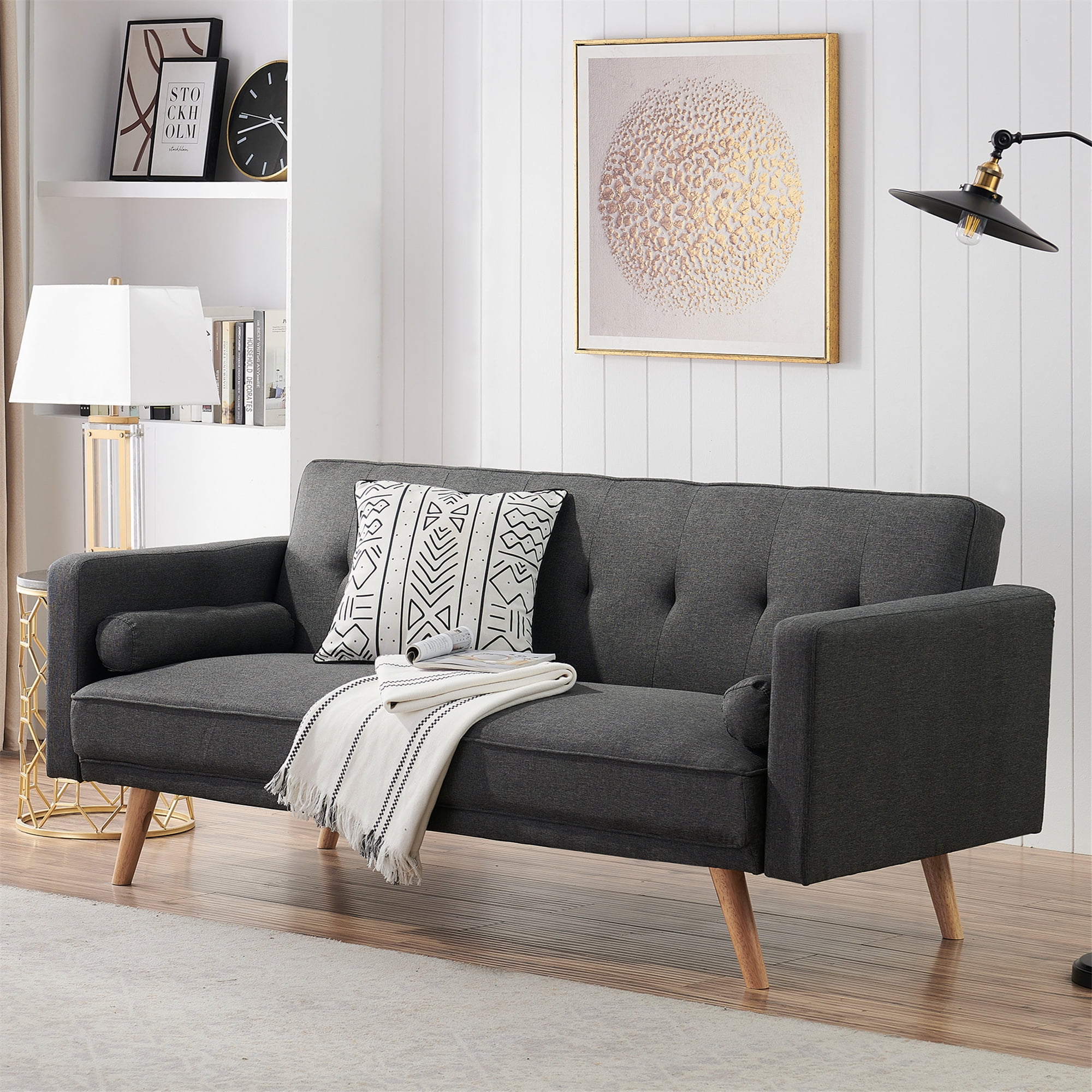 Aukfa Convertible Futon Sofa Bed, Arm Couch for Home Office, Solid Wood Legs, 2 Pillows, Gray