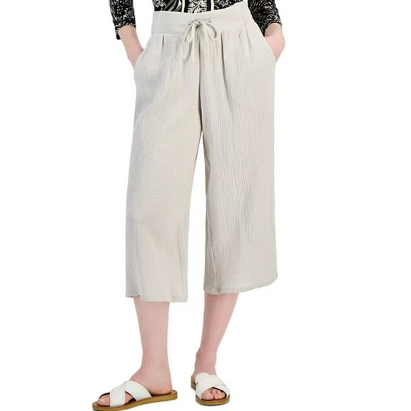 JM Collection Women's Gauze Cropped Pull-On Pants Stone Wall Size M