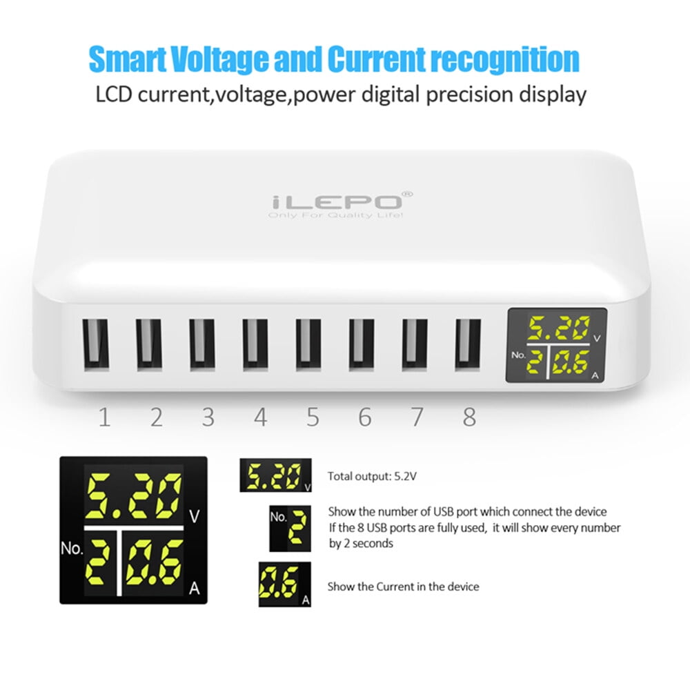 8 Ports Smart USB Charger 40W 8A Multi Port USB Hub with LCD Display Fast Charging Wall Charger Power Adapter with 4ft Long Power Cord