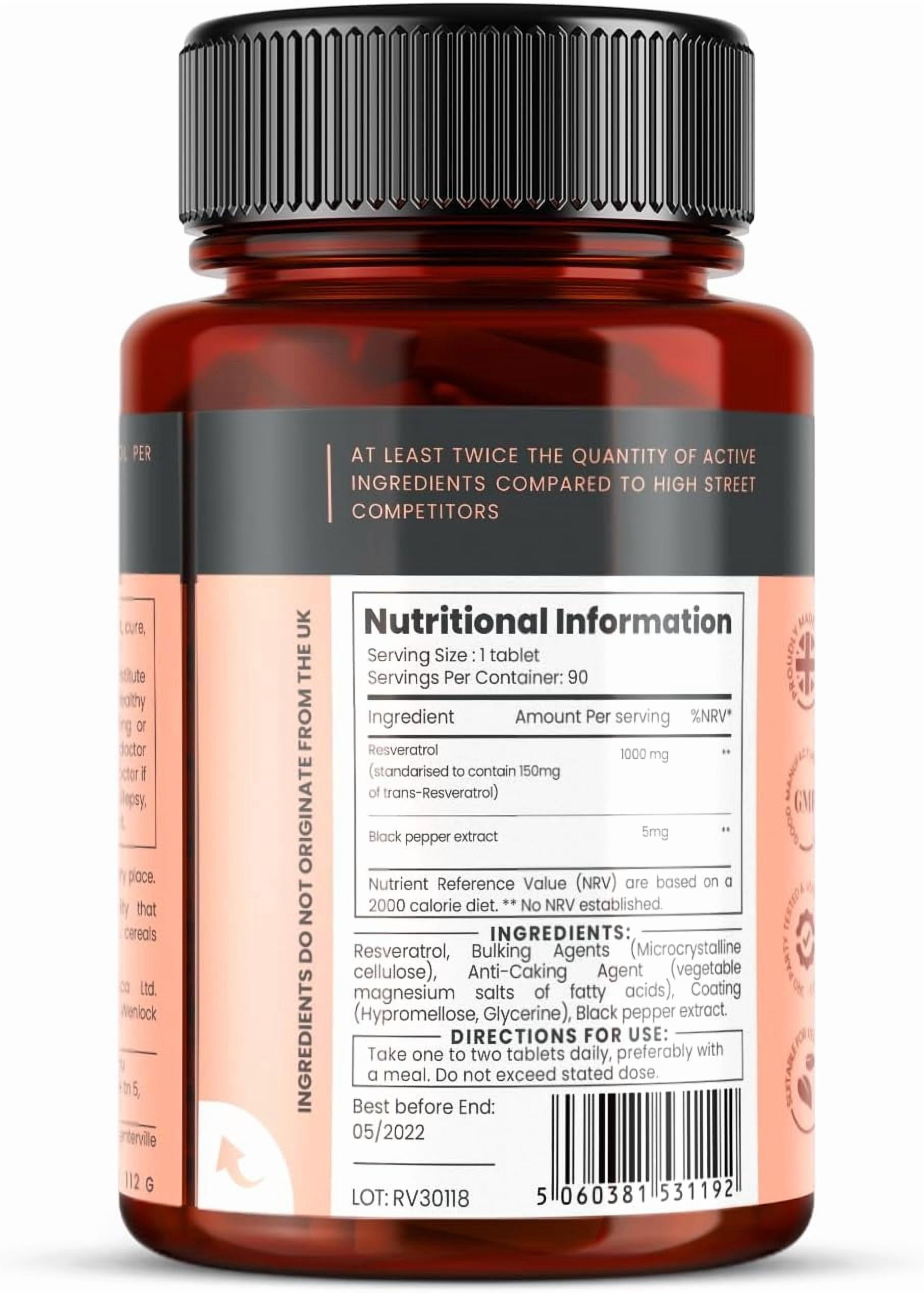 1000mg Resveratrol x 90 Tablets (3 Months Supply). 10 x Strength with Black Pepper Extract for Faster Absorption