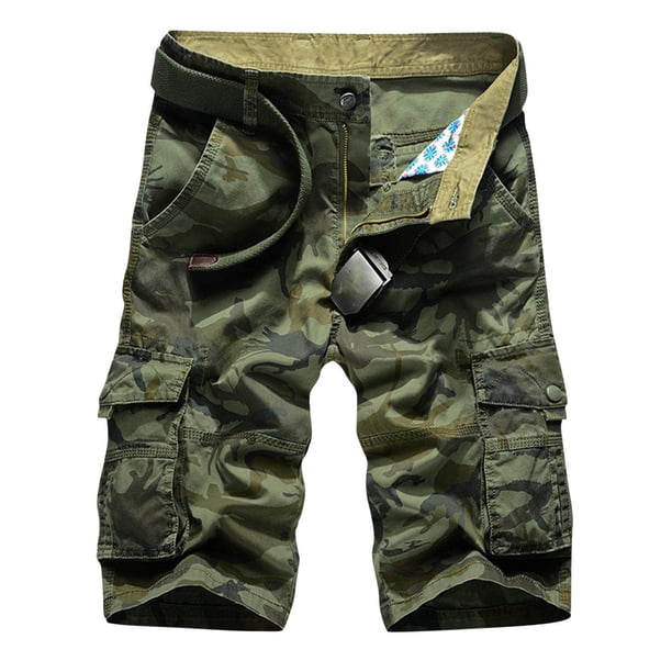 Mens Casual Pantalones Cortos de Cintura Elástica Botón de Bolsillo Múltiple Y Cierre de Cremallera, Pantalones Cortos de Cintura Elástica para Hombres Al Aire Libre Y Salón