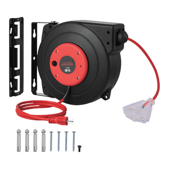 50ft Retractable Extension Cord Reel 14AWG/3C SJTOW Power Cord Red