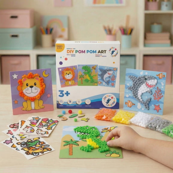 DIY Pom Pom Art - 3pcs (Dinosaur, Lion, Shark)