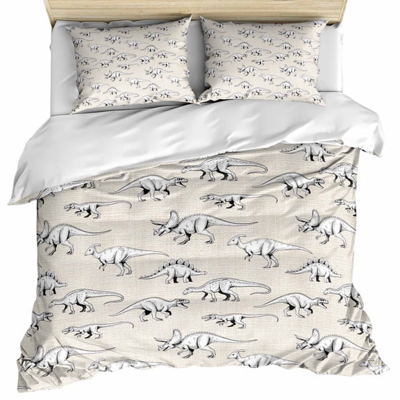 Vintage Dinosaur Bedding 3 Piece Duvet Cover Set California King, Primitive Animals Wildlife Hand-painting Beige Microfiber Comforter Cover with Zipper Closure & Pillowcases, Quilt Cover