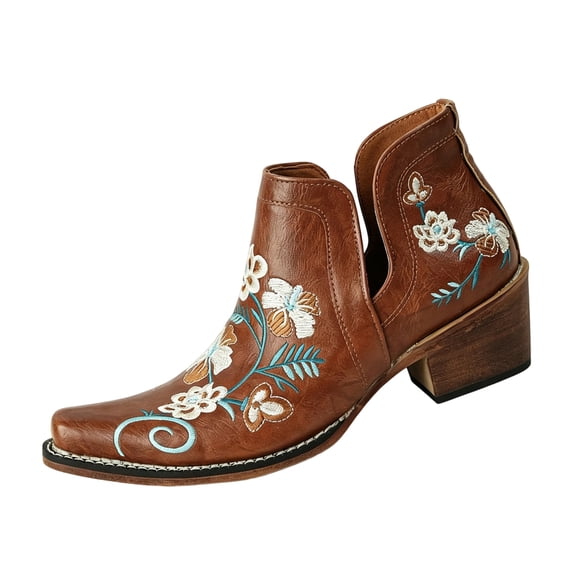Cowgirl Ankle Boots Women Snip Toe Cutout Stitching Chunky Low Heel Short Boots Floral Embroidered Western Shoes Music Concerts Daily Wear