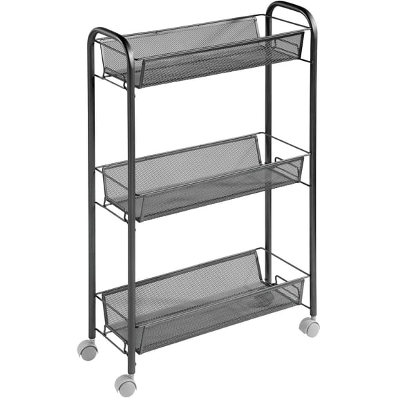 Steel Rolling Utility Cart Storage Organizer Trolley with 3 Basket Shelves for Laundry Room, Mudroom, Garage, Bathroom Organization - Holds Detergents, Hand Soap - Biro Collection, Black